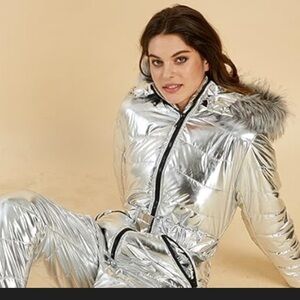 Aurgelmir metallic silver waterproof one piece lined non belted snow suit